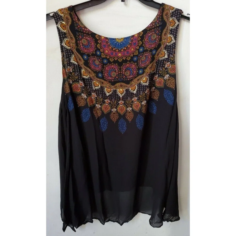 Desigual Womens Sleeveless viscose vented Tunic Top L Black & Gold Print